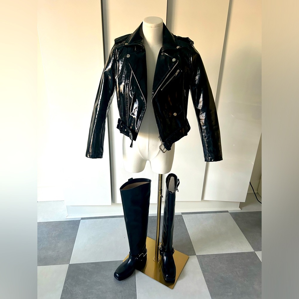 Classic black Moto stylee with a patent twist